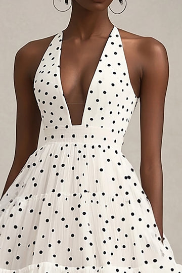 White A Line Halter Tiered Midi Black Polka Dots Dress